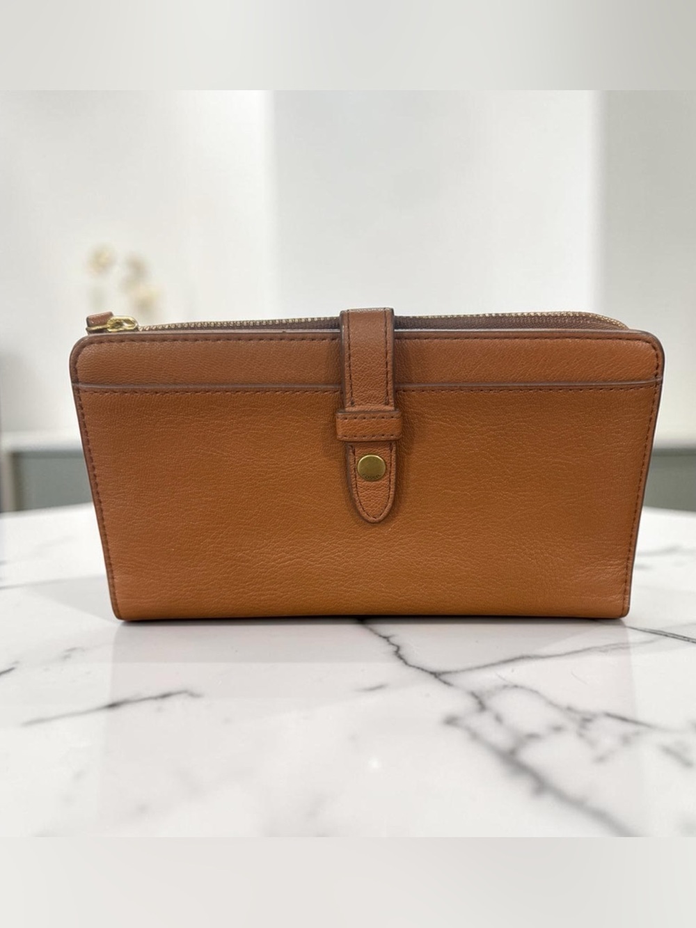Fossil Leather Wristlet Wallet in Cognac Brown